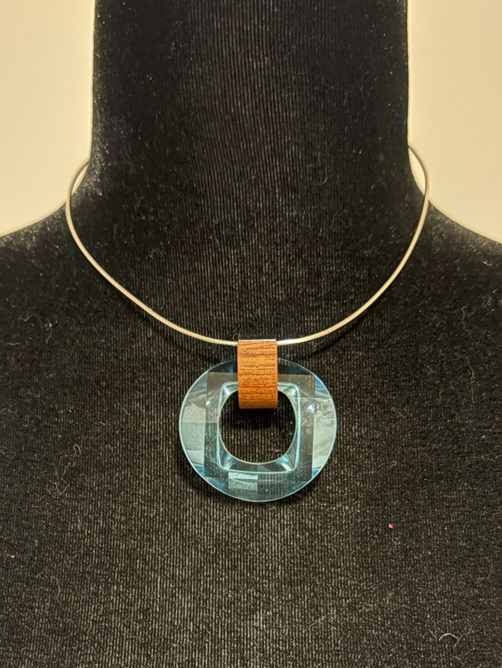 Modernist Faceted Blue Glass and Wood Sterling Pendant Necklace - Women Jewelry